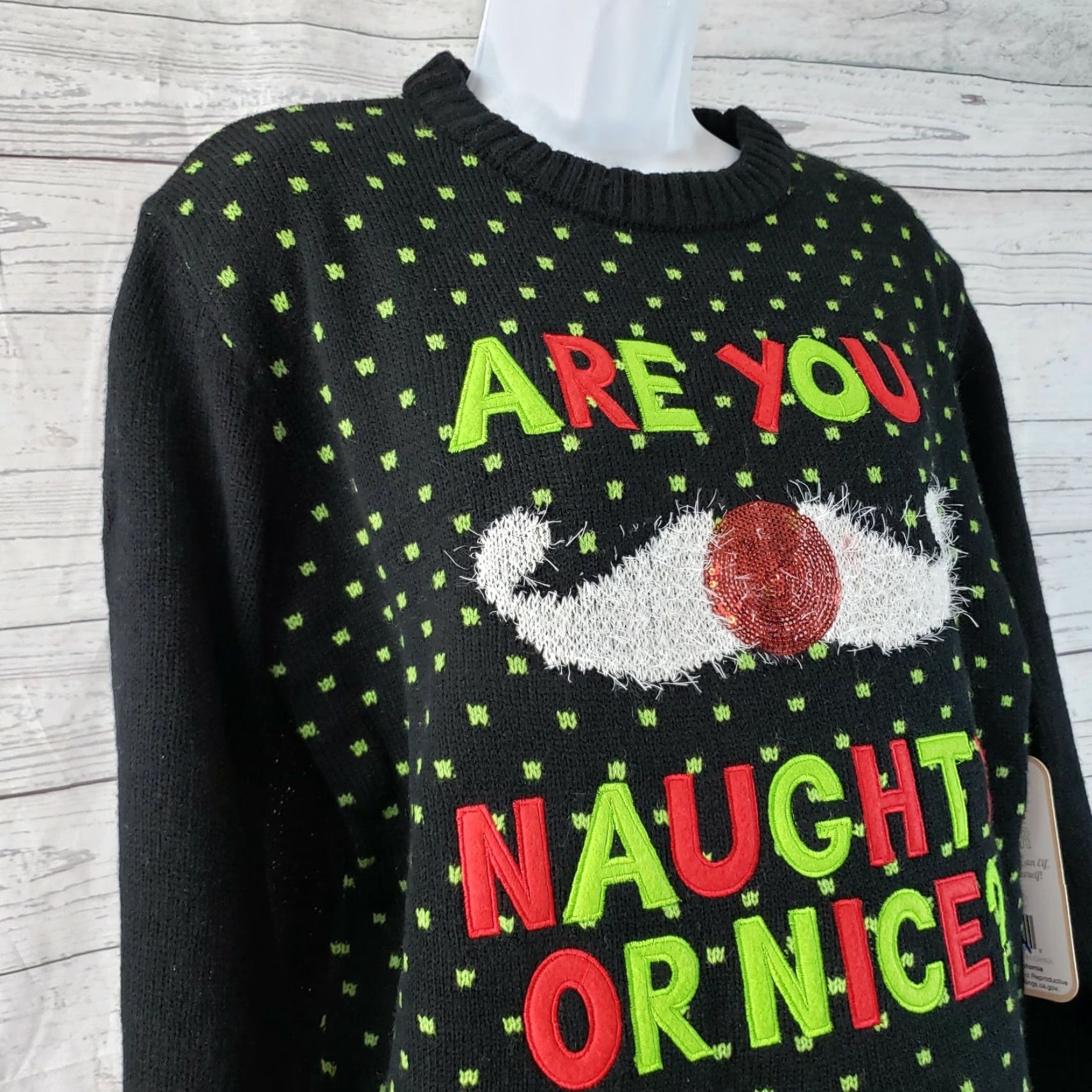 Vintage Ugly Christmas Sweater Womens Sz Medium Black Green Mustache Naughty or Nice Brand Great Christmas Sweater Slim Pullover Knit Acrylic Womens M Size M / US 6-8 / IT 42-44 - 2 Thumbnail