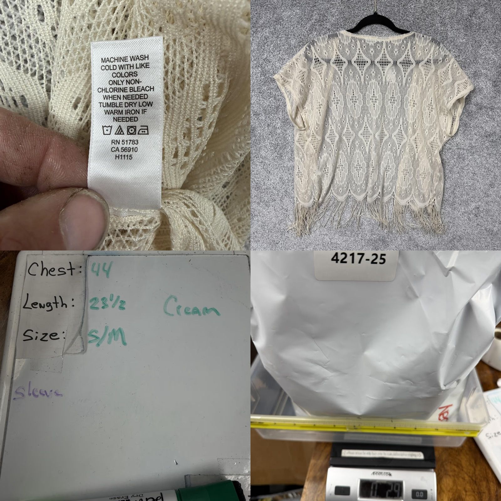 Vintage Maurices Cardigan S/M Cream Crochet Lace Fringe Kimono Sleeve Open Front Boho Festival Hippie Chic Women Shirt Sweater Geometric Pattern Size S / US 4 / IT 40 - 8 Thumbnail