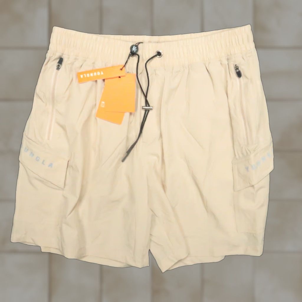 YoungLA Shorts Mens M Khaki Tan Cargo Training Gym Zip Pockets NWT Beige Regular Pockets Athletic Casual 60% Cotton? (Wait can't add)