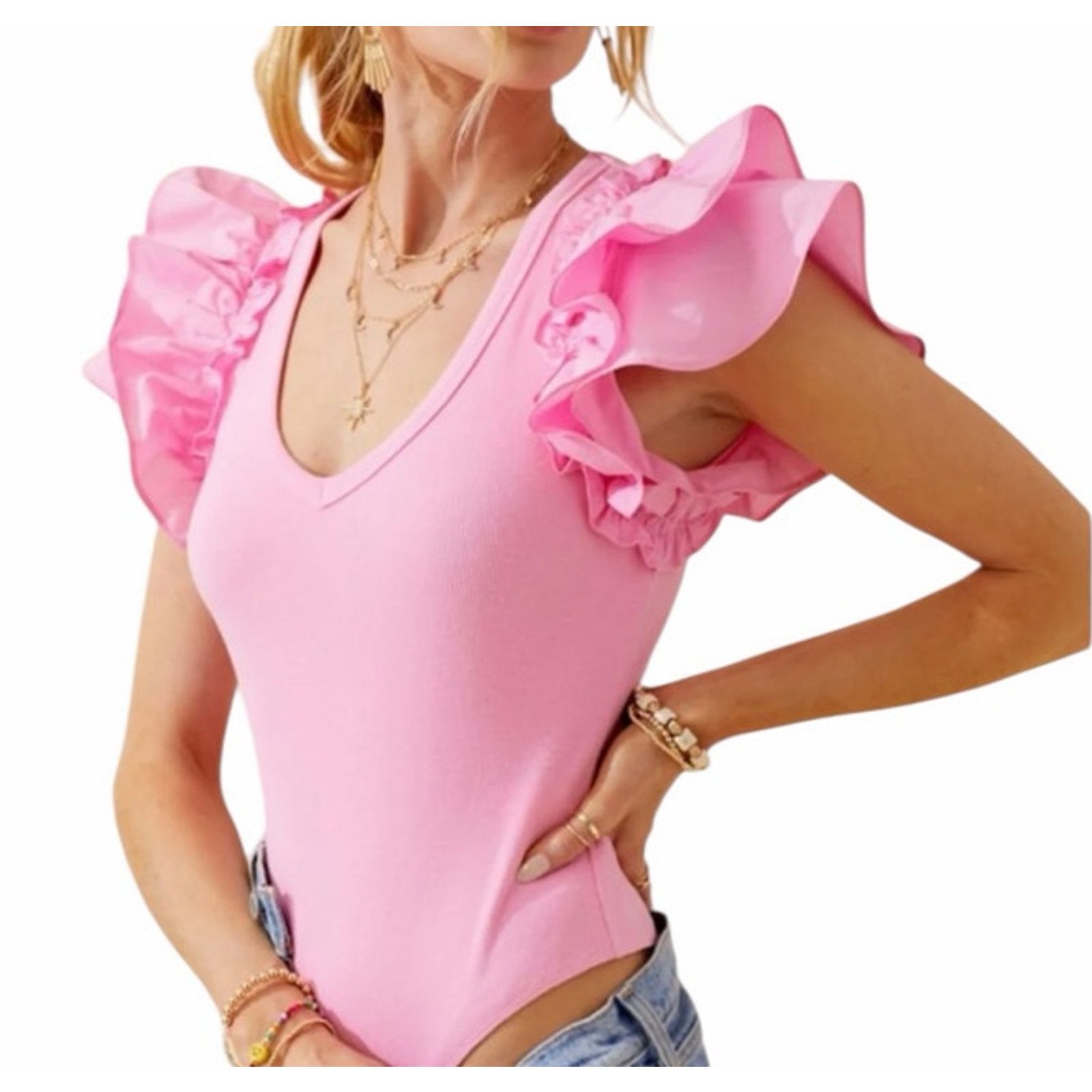 Other Day+Moon Solid Pink Short Sleeve Ruffle V-Neck Bodysuit Size M / US 6-8 / IT 42-44 - 3 Thumbnail