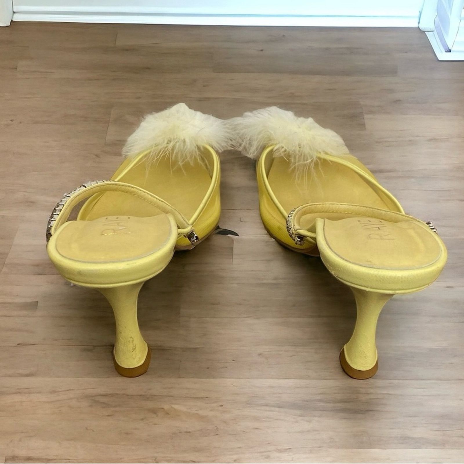 Designer RAYE Duke Heel Mesh Feather pompom Crystal Strap Yellow 9.5 Size US 9.5 / IT 39.5 - 9 Thumbnail