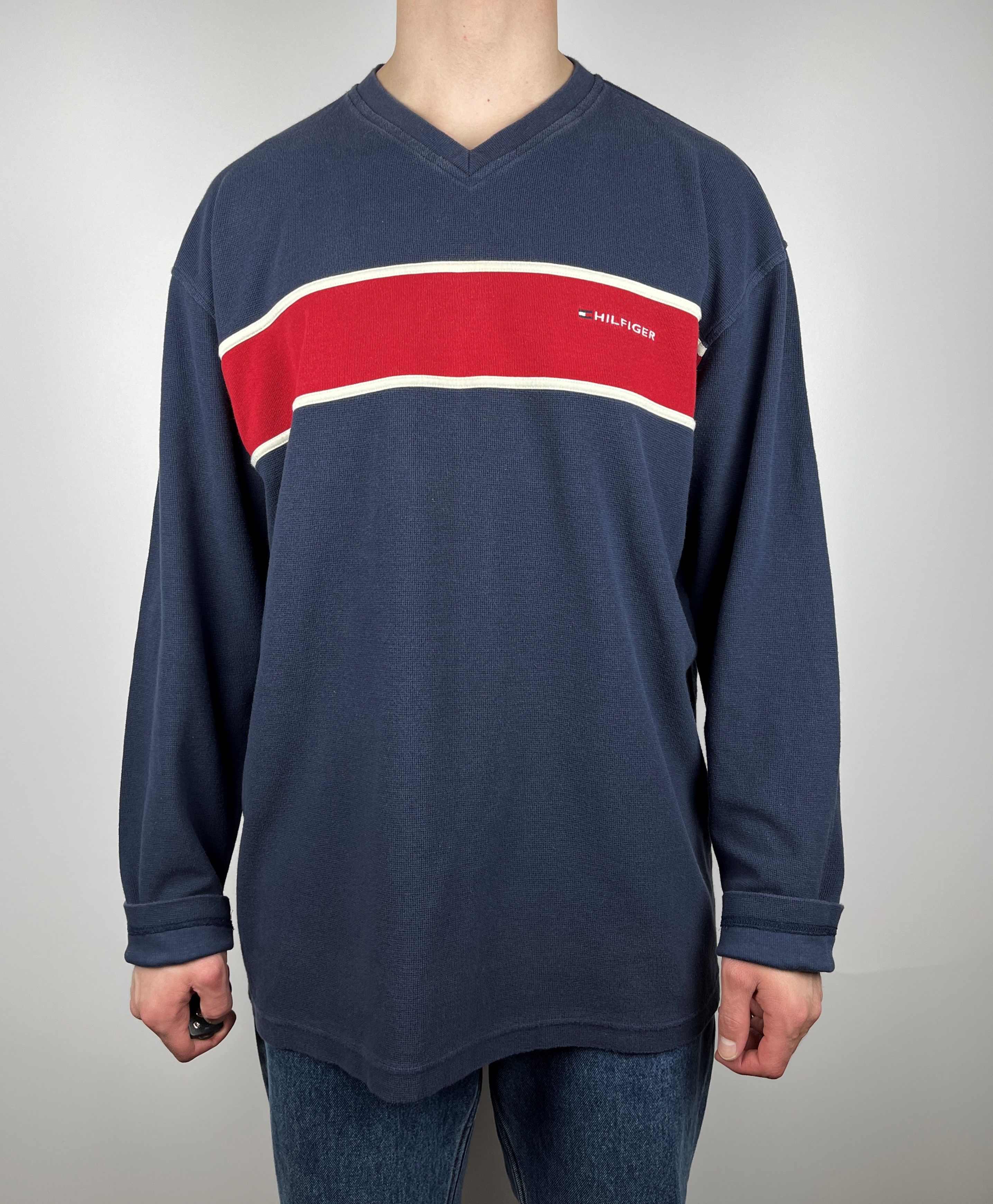 Tommy Hilfiger × Vintage 90's Tommy Hilfiger Vintage Men's V-neck Sweatshirt Relaxed Size US XL / EU 56 / 4 - 2 Thumbnail