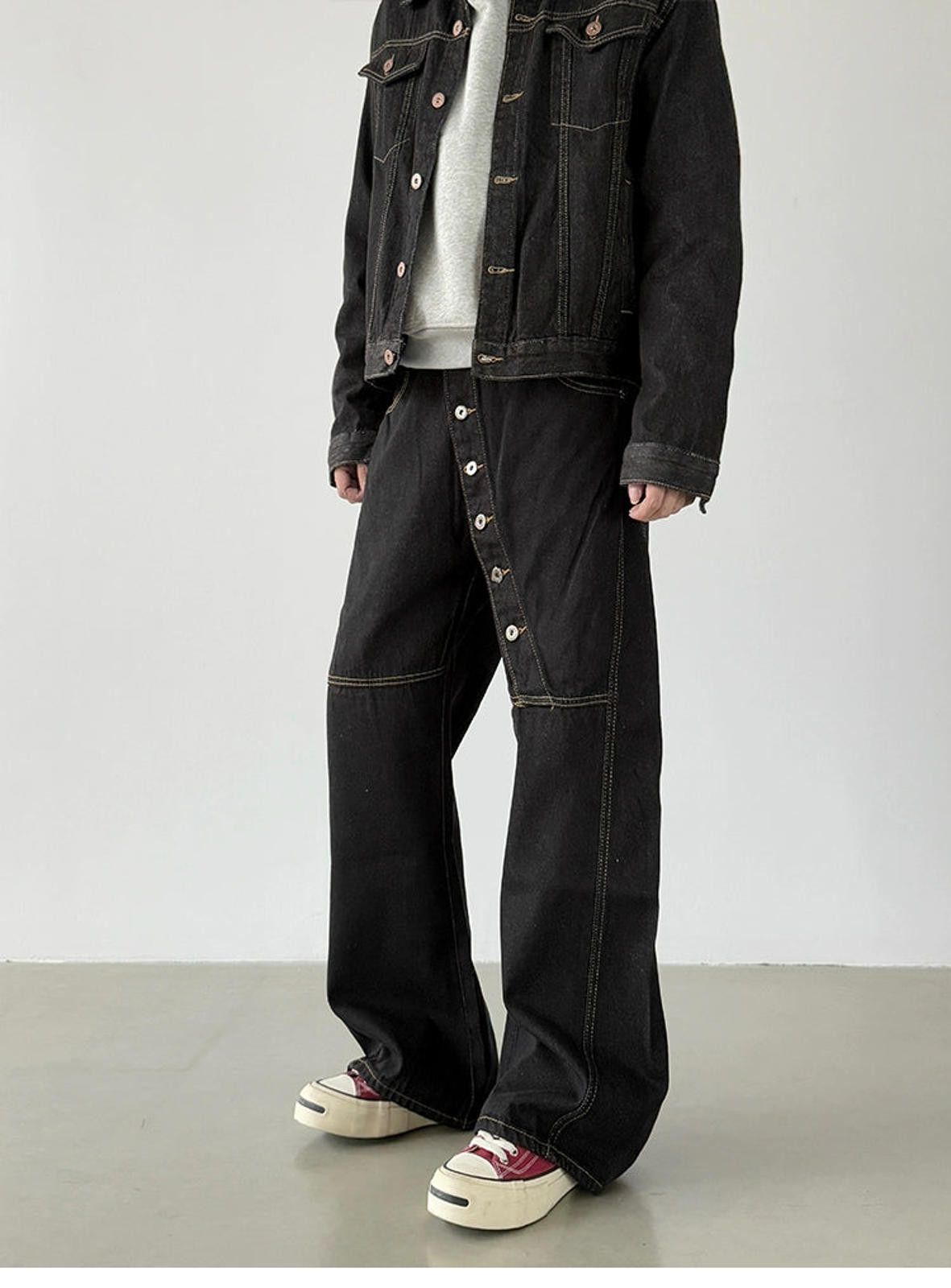Japanese Brand Black Wide Leg Denim Jeans, Button-Front Detail Jeans Size US 32 / EU 48 - 1 Thumbnail