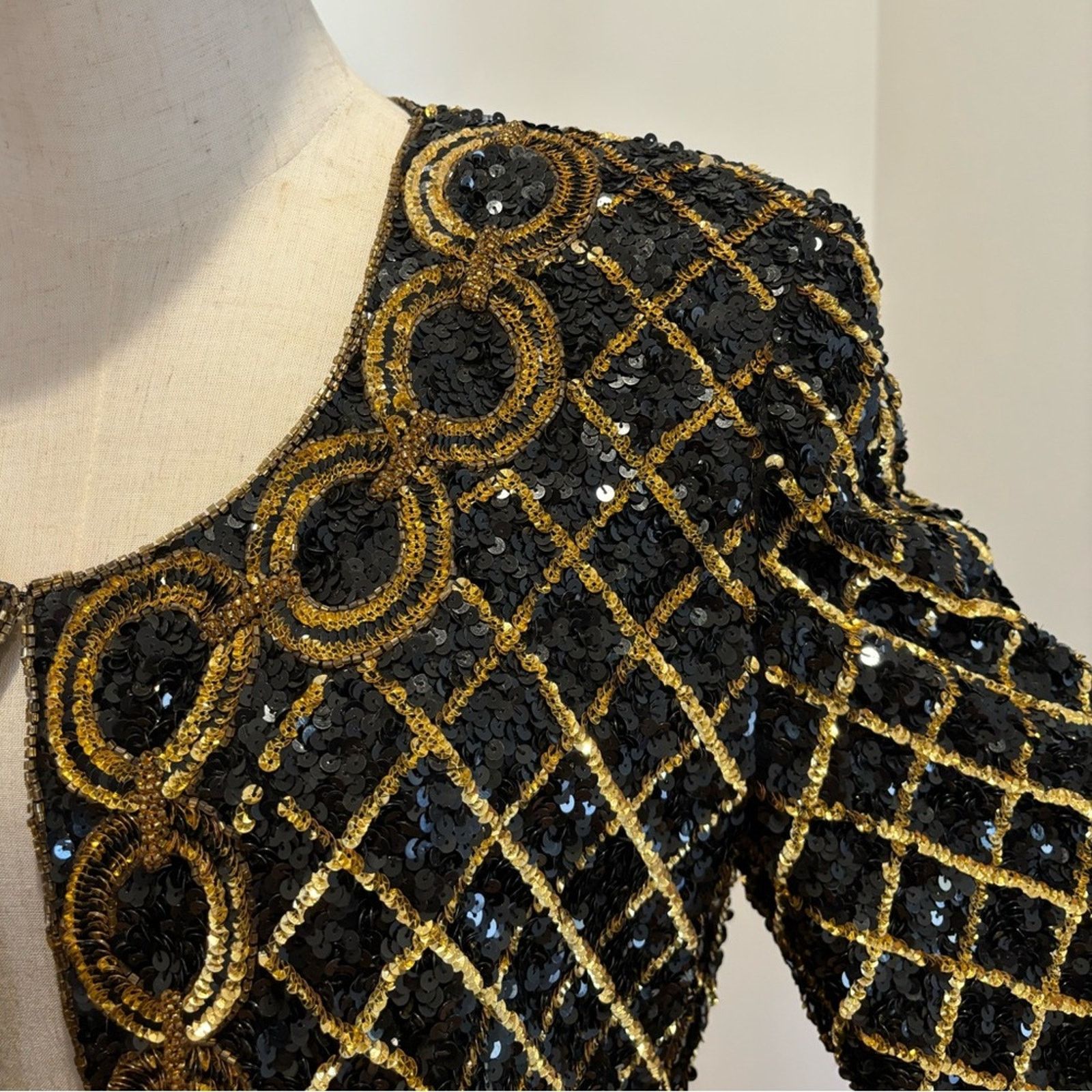 Designer VTG niteline silk SEQUIN beaded jacket gold black kazar Size L / US 10 / IT 46 - 5 Thumbnail