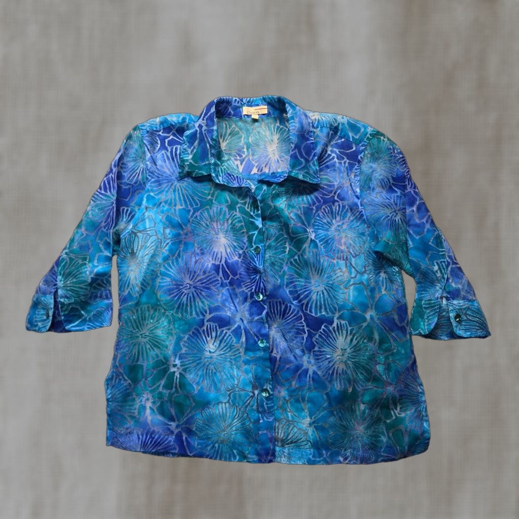 Vintage Choice Blue Shell Beach Swim Top Sheer Cover-up Roll Sleeve Women's L Large Shirt Casual Beachwear Size L / US 10 / IT 46 - 1 Thumbnail