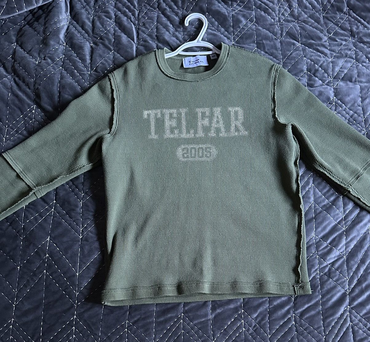 Image of Telfar Green Thumbhole Waffle Thermal Knit Long-Sleeve, Men's (Size Small)