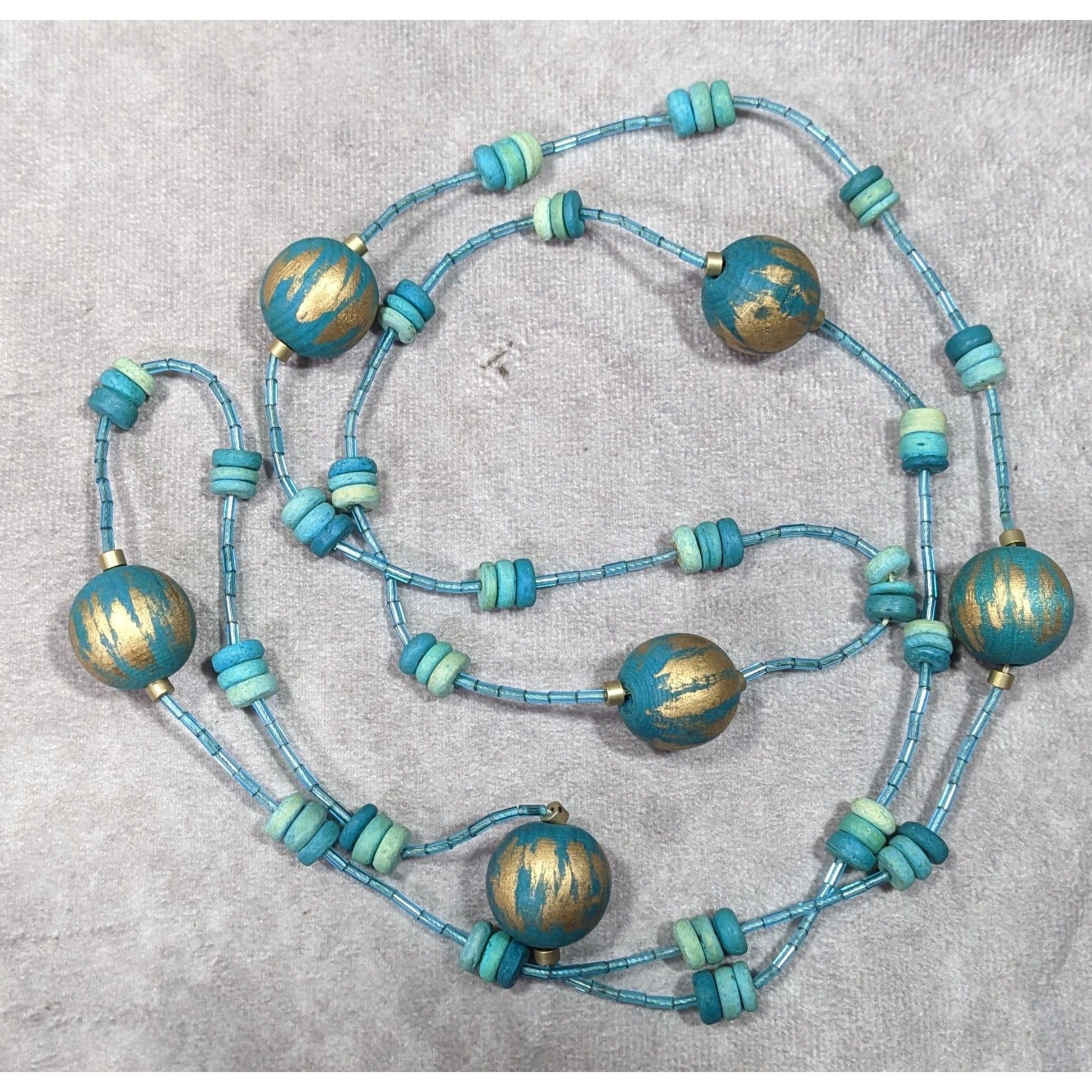 Other Blue And Gold Tone Wood And Glass Beaded Fantasy Necklace Size ONE SIZE - 7 Thumbnail