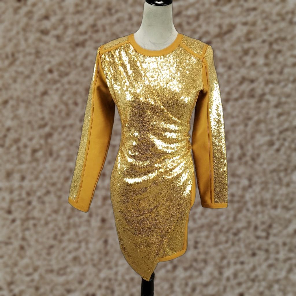 Vintage New Sequin Dress Womens Large Gold Clubwear Night Out Evening Wear NWT Ruched Size L / US 10 / IT 46 - 1 Thumbnail