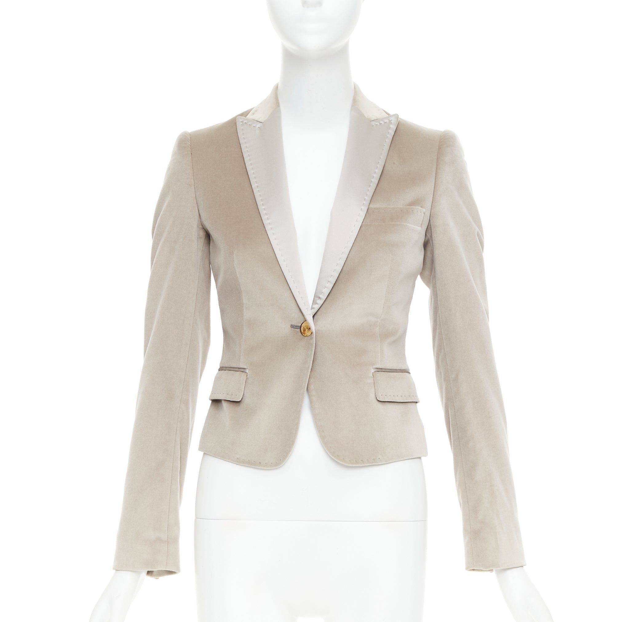 Dolce & Gabbana DOLCE GABBANA beige velvet satin peak lapel cropped tux blazer IT36 XXS Size XS / US 0-2 / IT 36-38 - 1 Thumbnail