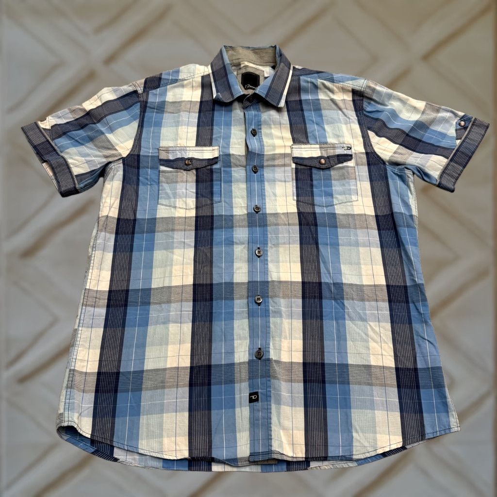Vintage 7 Diamonds Button-Down Shirt Mens Large Blue Plaid Short Sleeve Cotton Casual Size US L / EU 52-54 / 3 - 1 Thumbnail