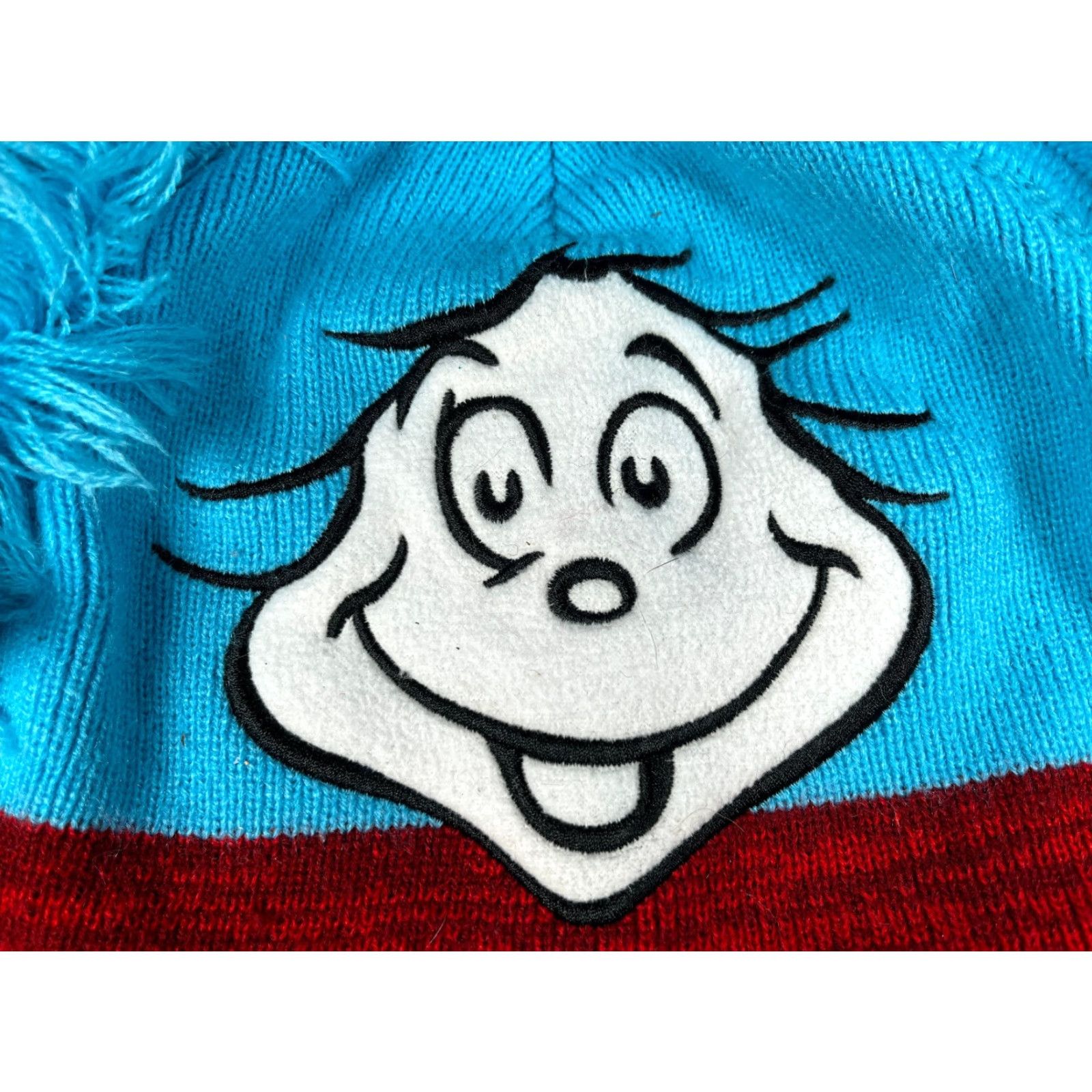 Vintage Dr. Seuss Thing 1 Beanie Hat Adult One Size Blue Red Acrylic Ear Flap Toque Tassel Size ONE SIZE - 3 Thumbnail