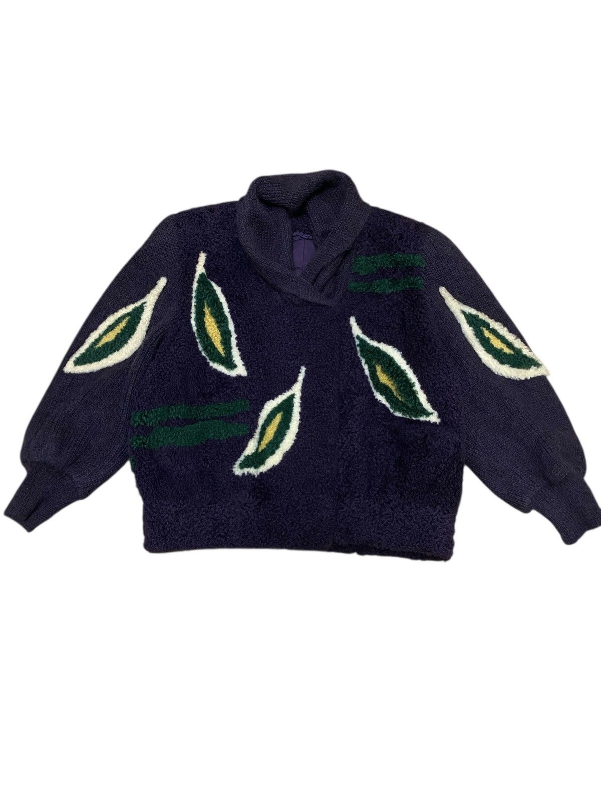 Japanese Brand Rare🔥 Lamb Fur Leaf Motive Hybrid Wool Knitwear Jacket (C4) Size US M / EU 48-50 / 2 - 2 Thumbnail