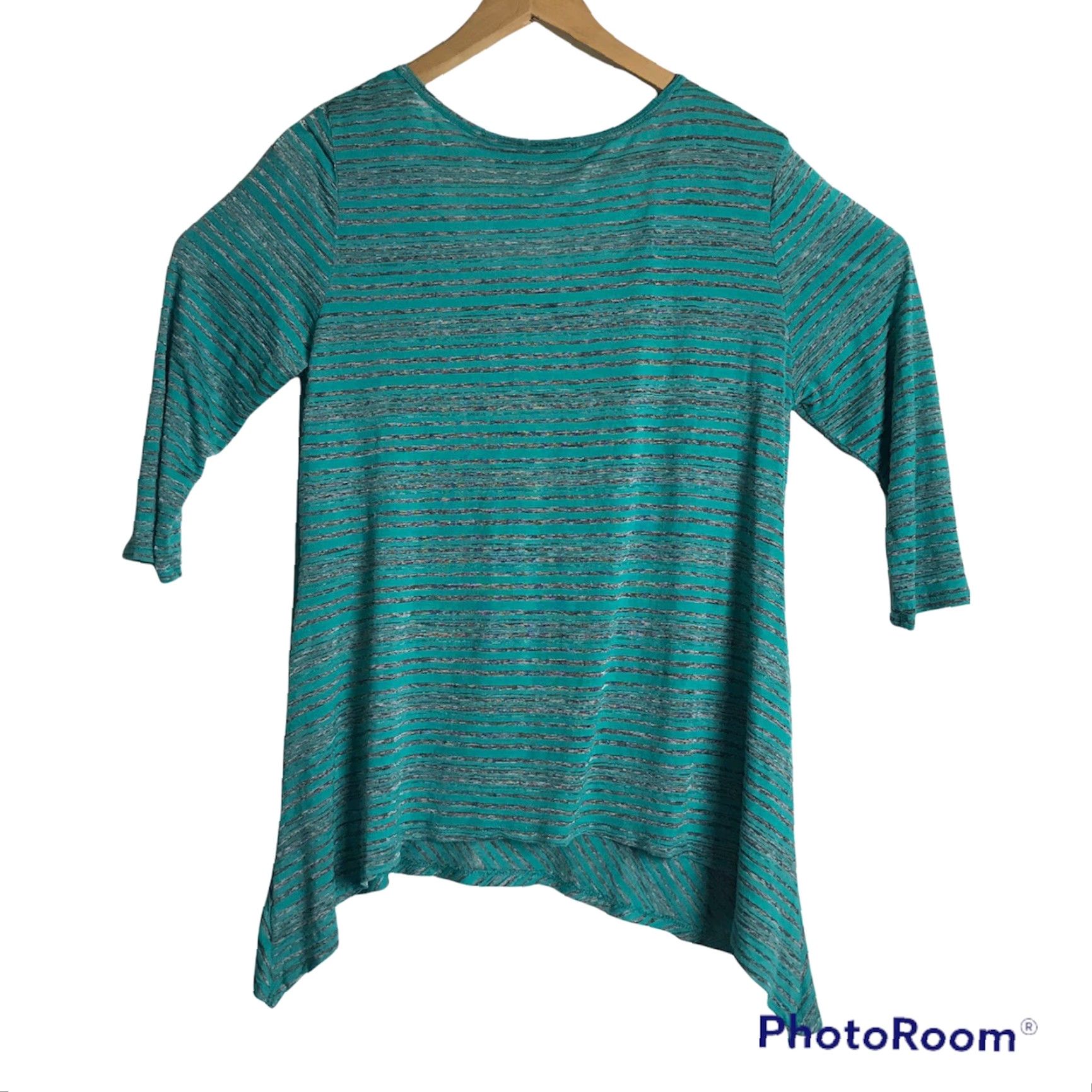 Vintage CATO Top Womens Large 3/4 Sleeve Tunic Green Gray Stripe Sheer Lightweight Pullover Casual Boho Size L / US 10 / IT 46 - 4 Thumbnail