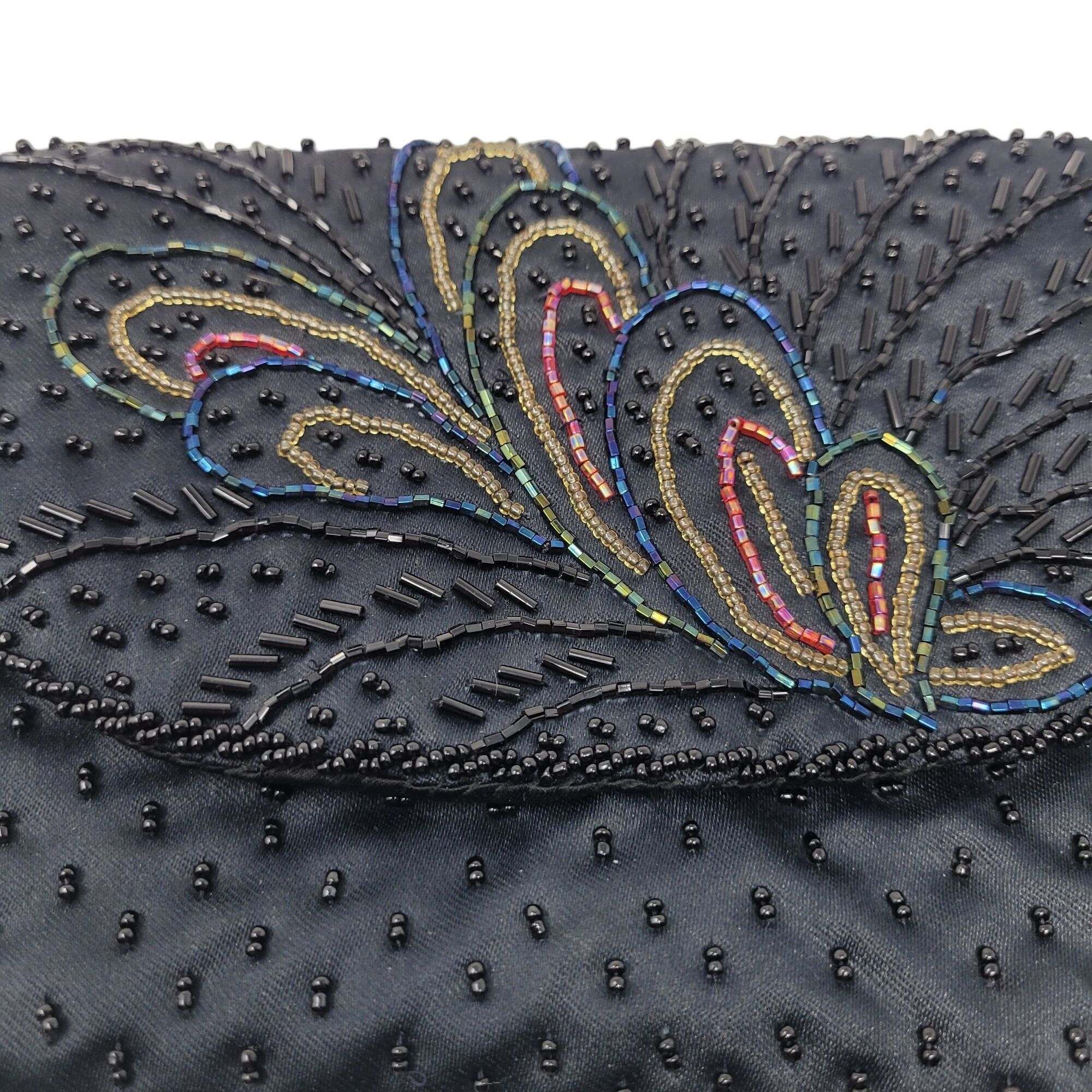 Vintage Vtg Formal Black Satin Beaded Evening Bag Peacock Beaded Size ONE SIZE - 2 Thumbnail