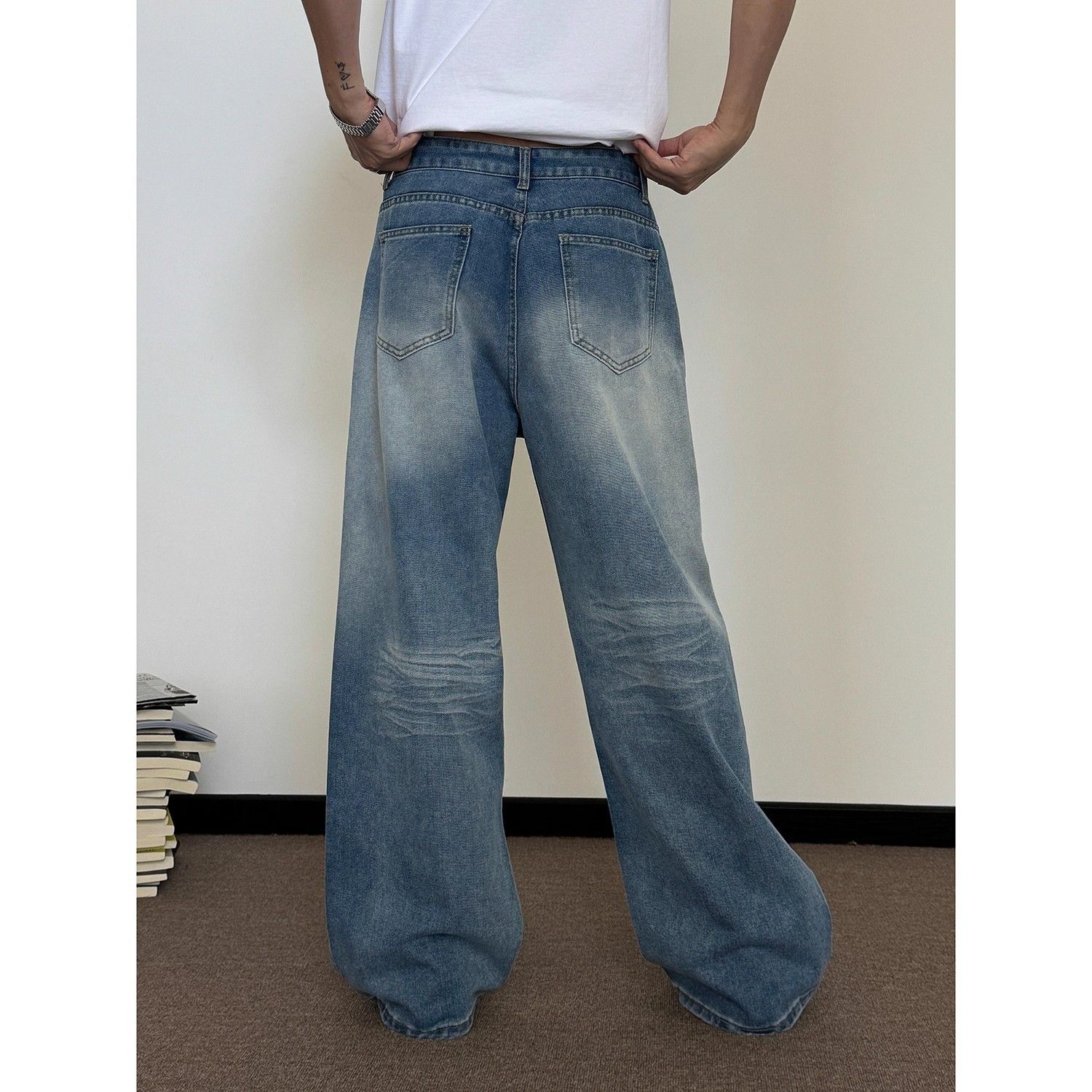 Japanese Brand Male whiskers baggy straight leg washed jeans Size US 32 / EU 48 - 2 Thumbnail