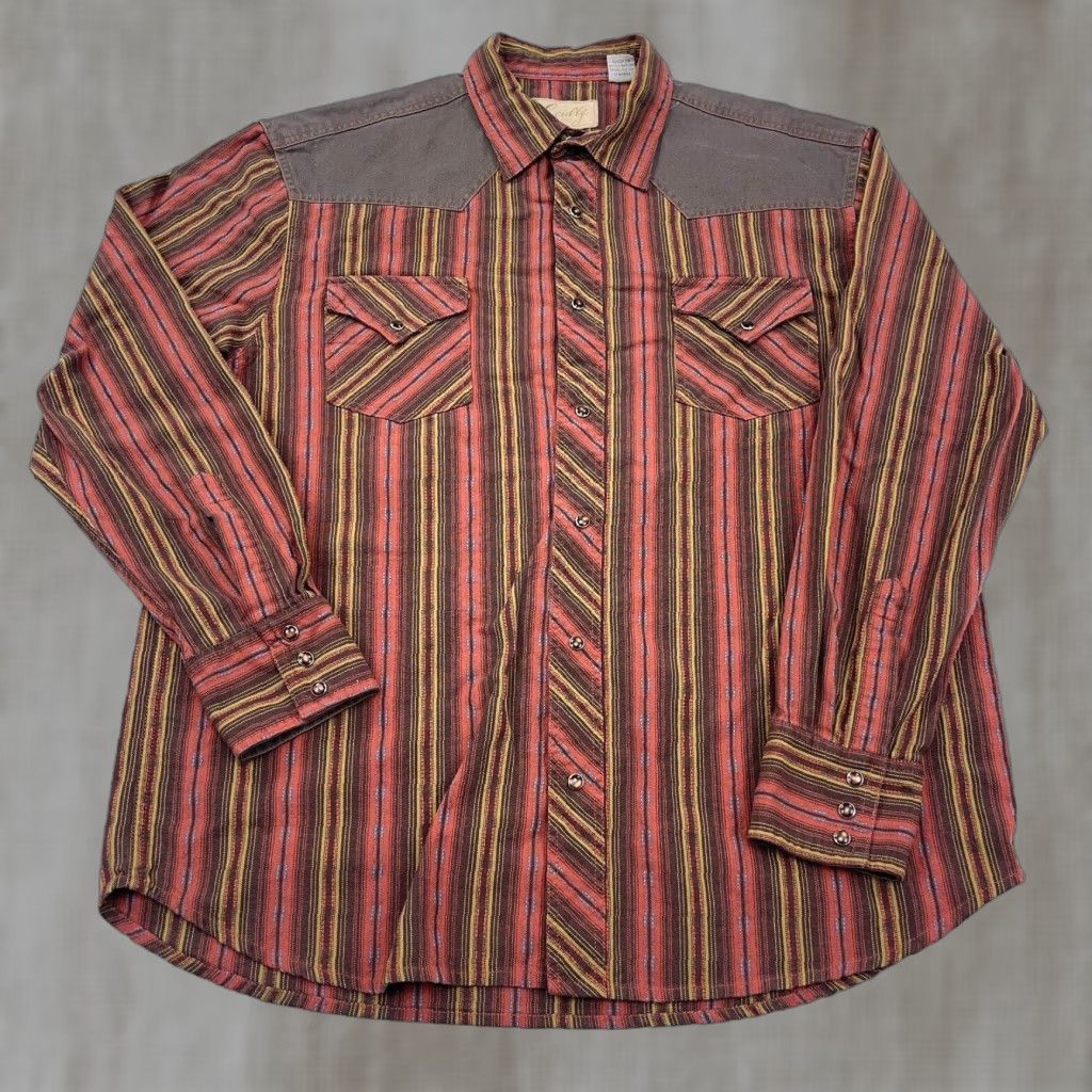 Scully VINTAGE Scully Shirt Men Large Orange Brown Striped Pearl Snap Cowboy South Western Yoke Shirt Mens Large Orange Brown Striped Snap-Front Western - Size US L / EU 52-54 / 3 - 1 Thumbnail