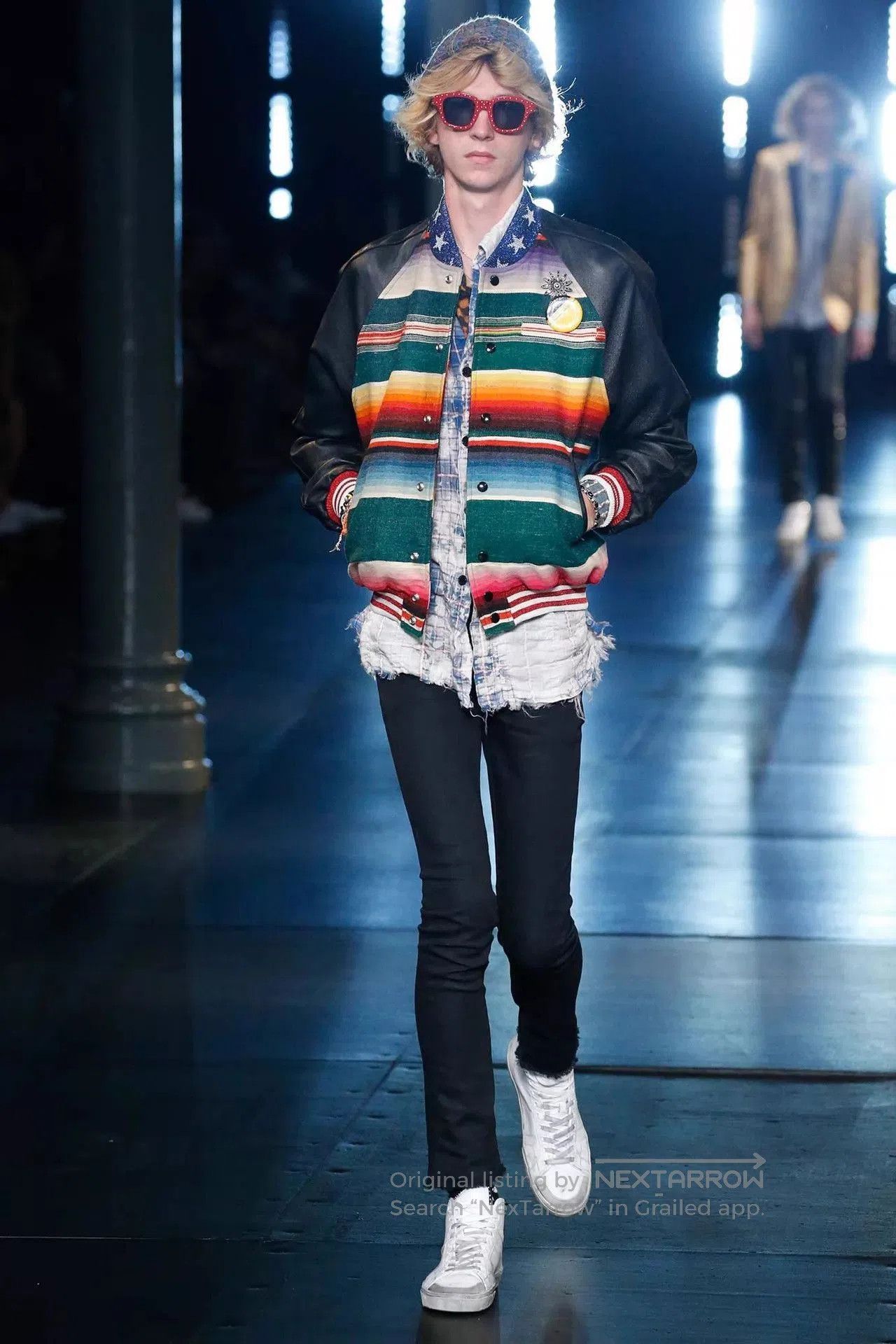 Saint Laurent Paris Striped Bomber Jacket with Dinosaur Sequin Patch. Size US M / EU 48-50 / 2 - 6 Thumbnail