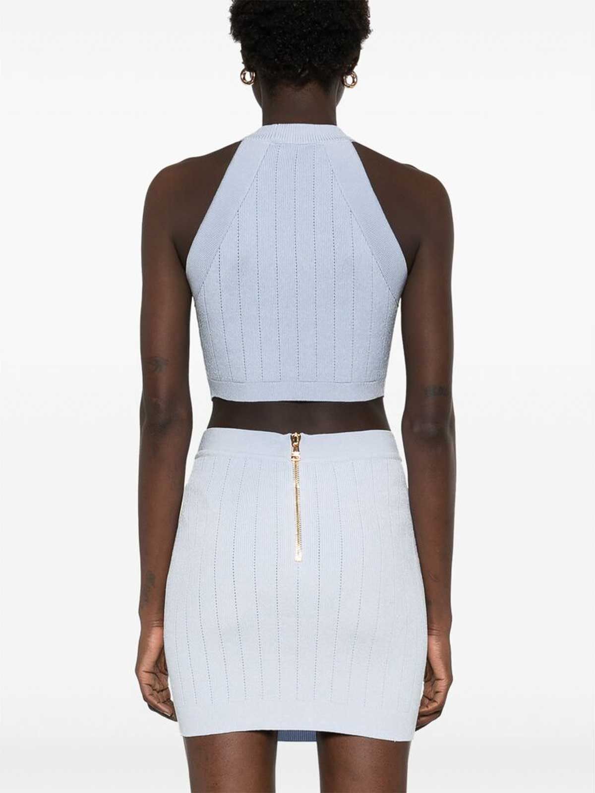 Balmain o1loc1c0526 Halterneck Knit Crop Top in Light Blue Size XXS / US 00 / IT 34 - 2 Thumbnail