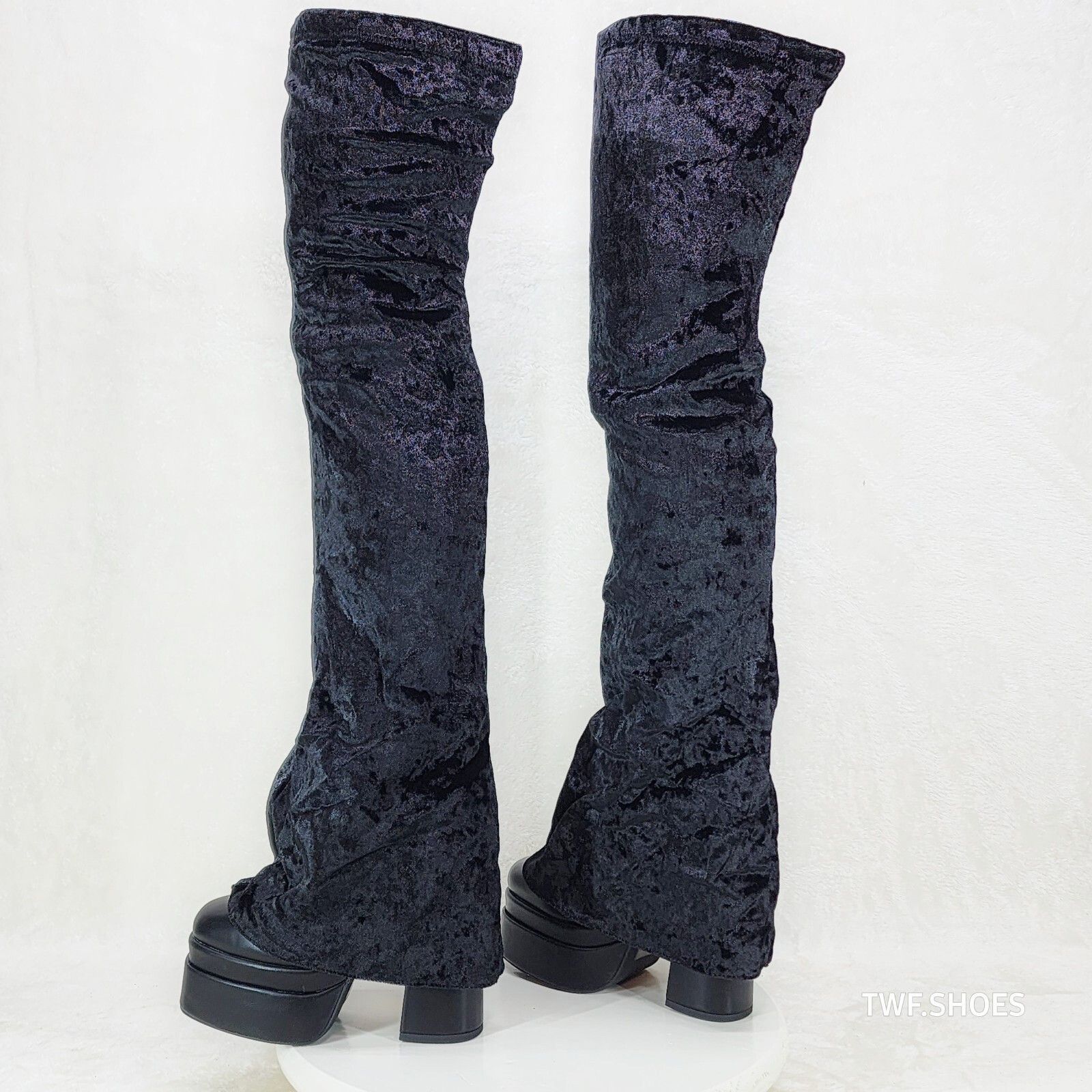 Other Unique Thigh High Black Velvet Fold over Skirted Chunky Heel Size US 7.5 / IT 37.5 - 1 Thumbnail