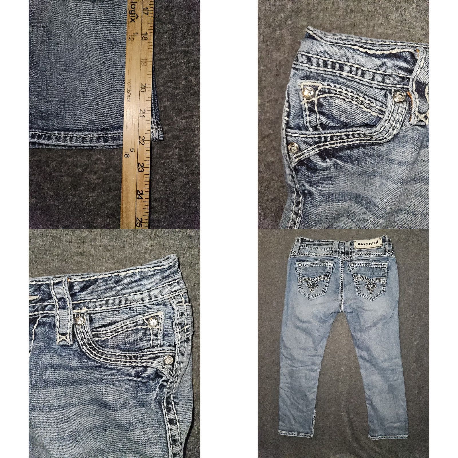 Vintage Rock Revival Nicole Capris Women's 26 Low Rise Rhinestones Western Cowboy Logo Jeans Capris Blue Rock Size ONE SIZE - 8 Thumbnail