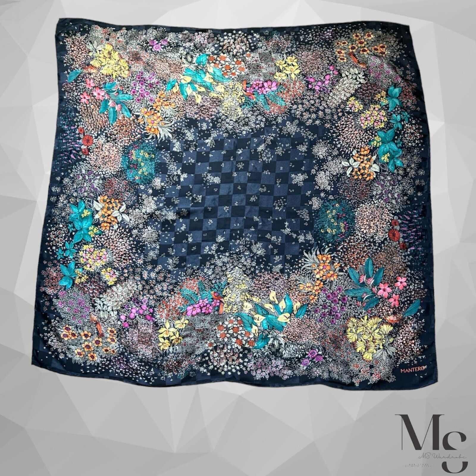 Other MANTERO Navy Blue Floral Silk Scarf 35" - 33.5´´ EX COND Size ONE SIZE - 1 Thumbnail