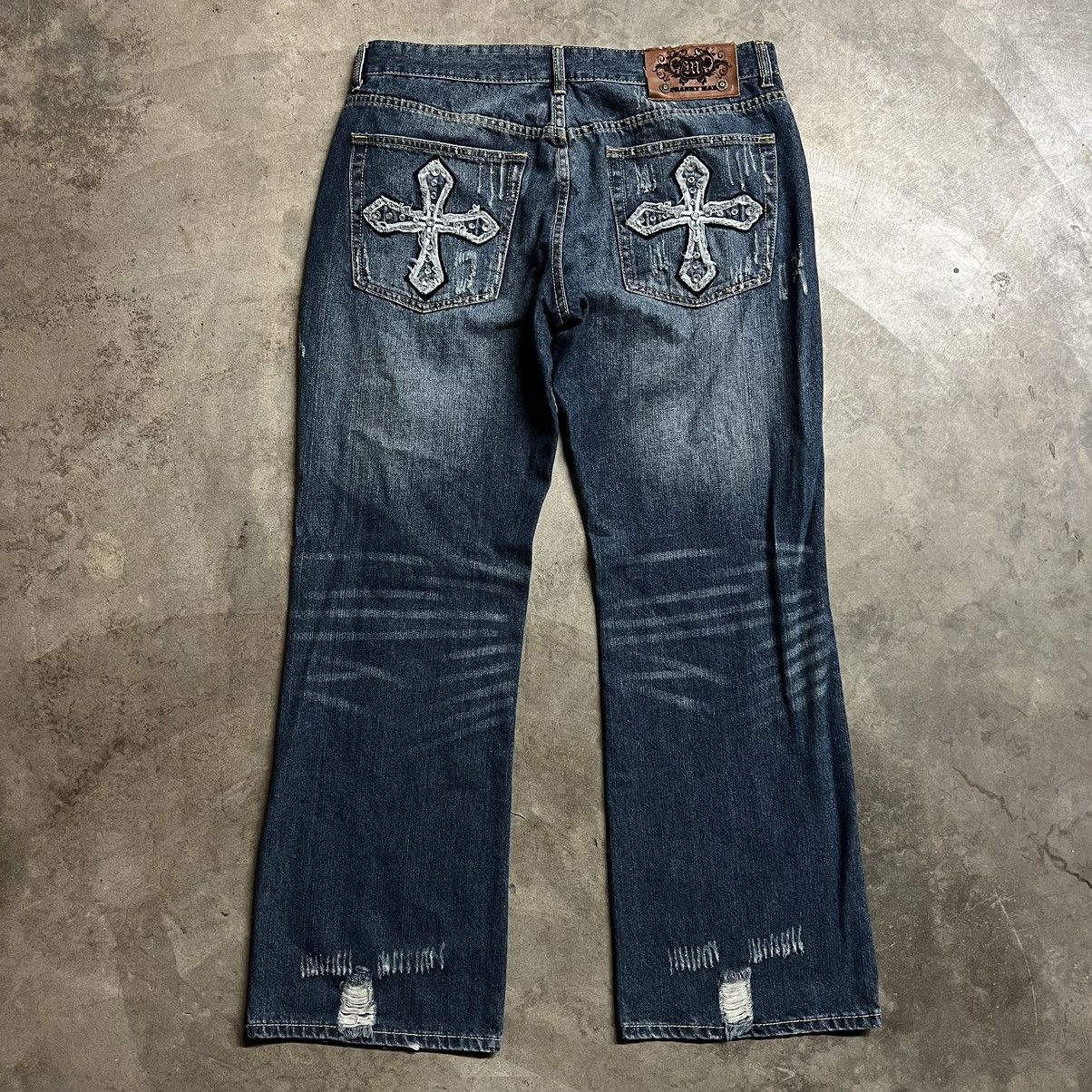 Affliction × Ed Hardy × Southpole Vintage Franky Max Distressed Flare Embroidered Denim Jeans Size US 38 / EU 54 - 1 Thumbnail