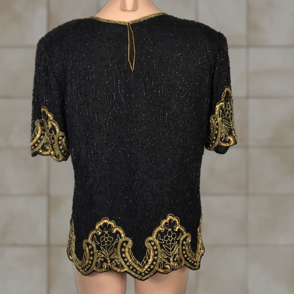 VINTAGE Laurence Kazar Black Gold Flapper Beaded Evening Formal Silk SEQUIN Gatsby VTG L Shirt Womens