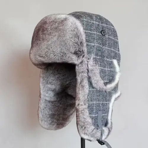 image of Men Russian Bomber Hat Winter Ushanka Trapper Hat in Grey