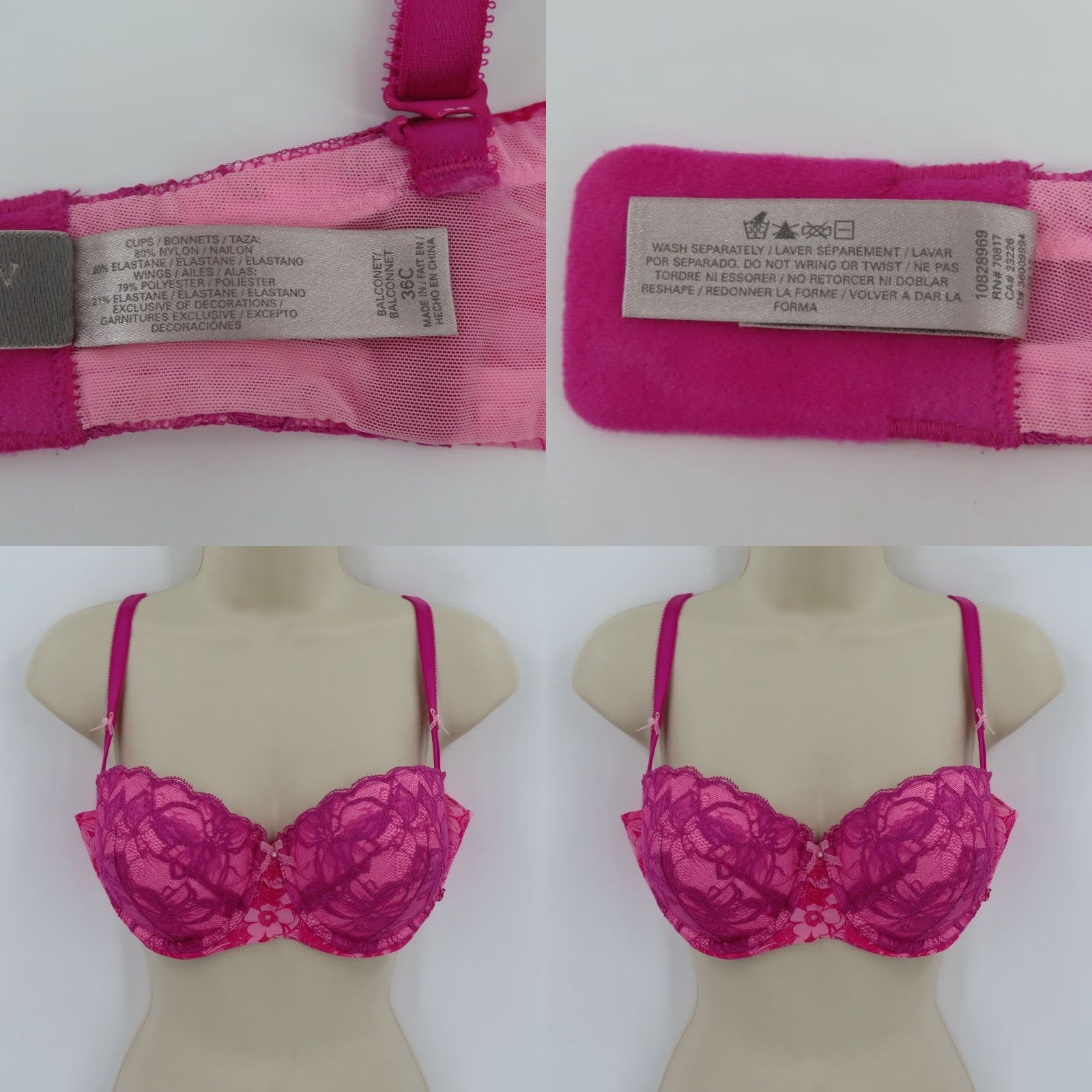 Victoria's Secret Victoria's Secret Balconet Bra 36C Pink Floral Lace Padded Underwire Bow Womens Size ONE SIZE - 9 Thumbnail