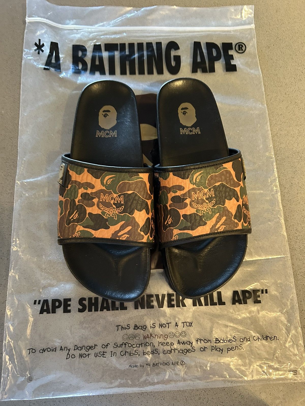 image of Bape x MCM Slides in Black, Men's (Size 6.5)