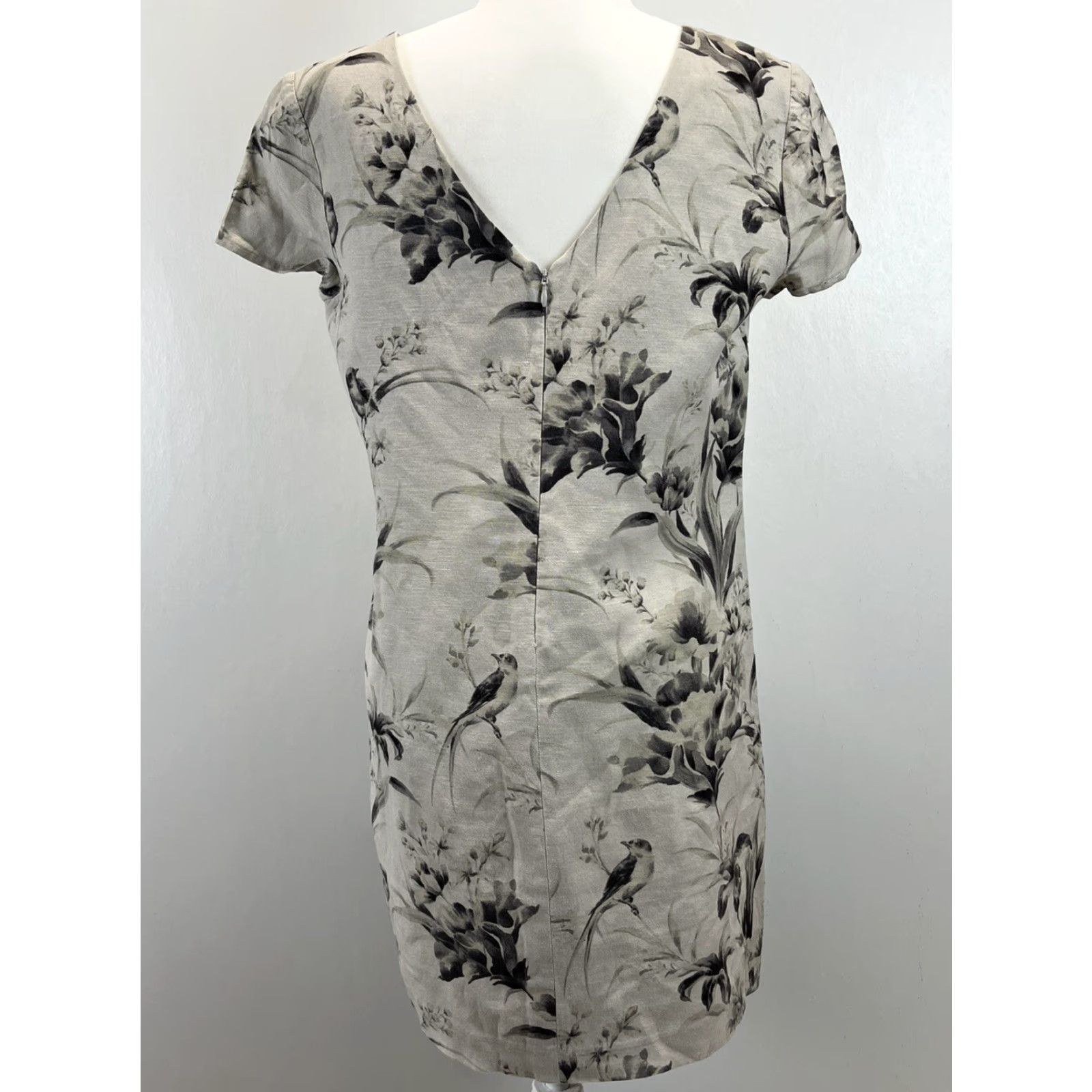 Loft Ann Taylor LOFT Linen Blend Dress - 6P Petite - Gray/Black Birds Floral Print - Knee Length Sheath - Womens Size M / US 6-8 / IT 42-44 - 2 Thumbnail