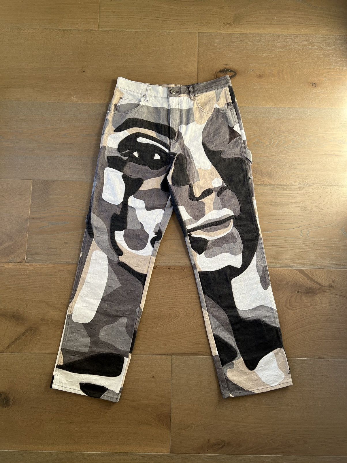 image of Louis Vuitton Patchwork Portrait Denim Pants in Camo, Men's (Size 33)