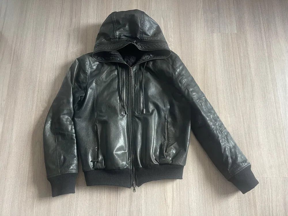Dirk Bikkembergs Leather Multi Zip Hooded Bomber 00`s Jacket