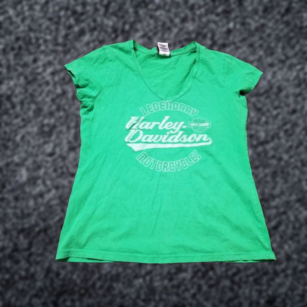 Harley Davidson Harley-Davidson Women's XL T-Shirt V-Neck Short Sleeve Double Sided Logo Green 2000s Biker Size XL / US 12-14 / IT 48-50 - 1 Thumbnail
