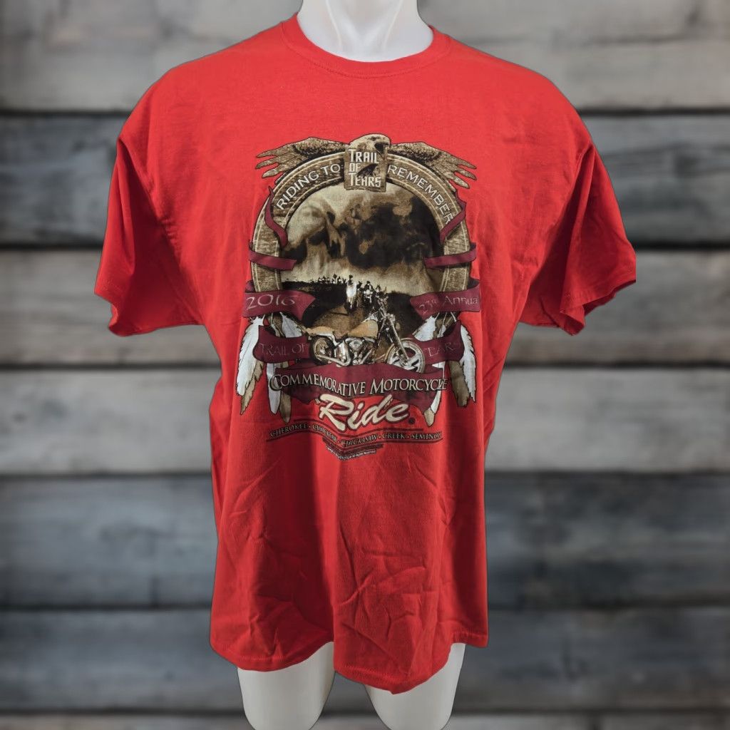 Gildan VINTAGE 2016 23rd Annual Motorcycle Ride Trail of Tears Red Cotton T-shirt XL Men T-Shirt Short Sleeve Crew Neck Graphic Print Gildan Size US XL / EU 56 / 4 - 1 Thumbnail