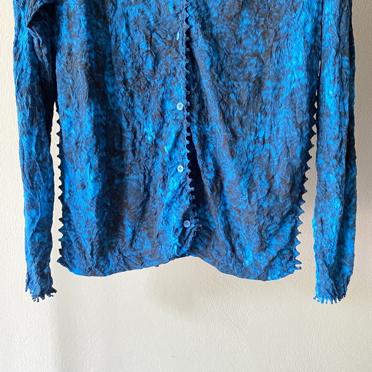 Issey Miyake Haat Blue Crinkle Textured Shirt/Ruffled High Neck Blouse Size XS / US 0-2 / IT 36-38 - 12 Thumbnail
