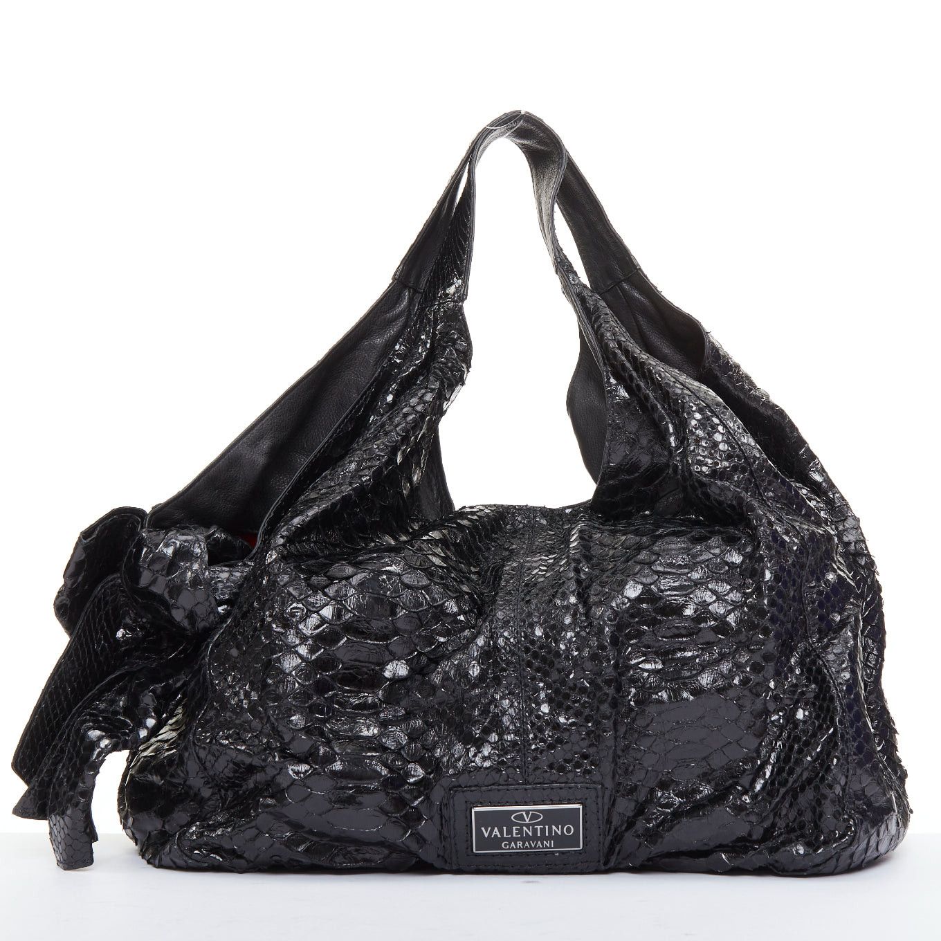 Valentino VALENTINO black shiny snakeskin leather bow side shoulder hobo bag Size ONE SIZE - 1 Thumbnail