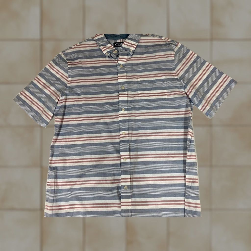 Chaps Chaps Shirt L Men Blue Striped Button-Down Short Sleeve Cotton Knit Casual Surf 90s? Size US L / EU 52-54 / 3 - 1 Thumbnail