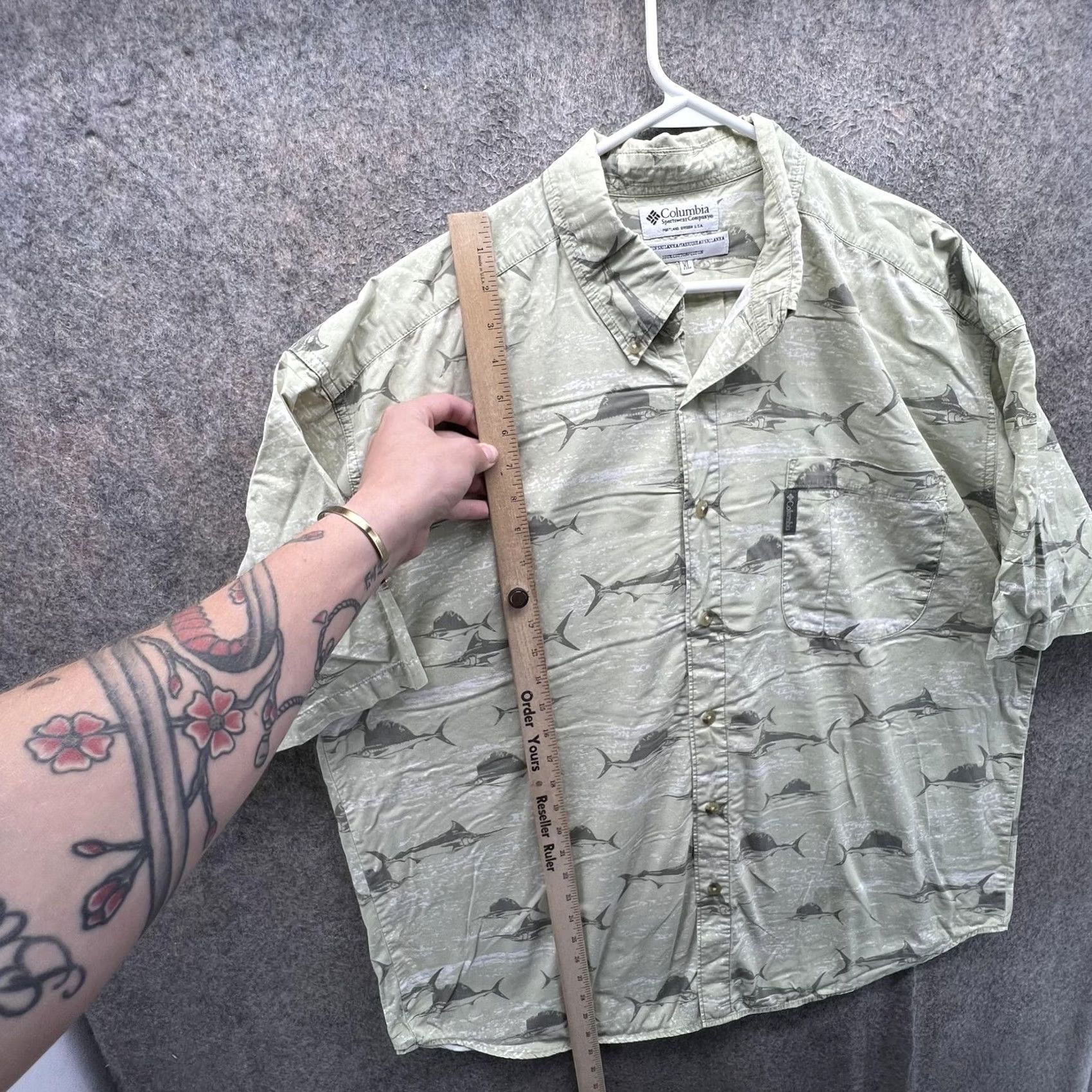 Vintage Columbia Shirt Mens XL Green Cotton Short Sleeve Button Front Casual Fish Print Size US XL / EU 56 / 4 - 5 Thumbnail