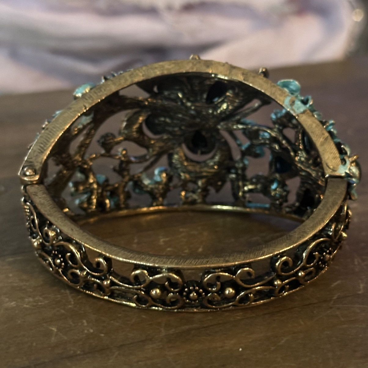 Vintage Vintage teal flowers and butterfly wide hinged bracelet Size ONE SIZE - 5 Thumbnail