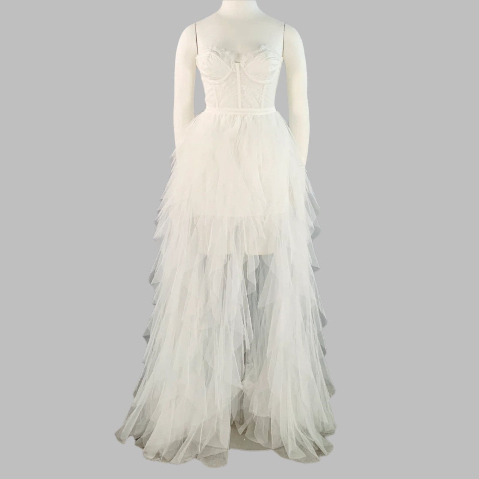 For Love & Lemons White Nylon Ruffled Lace Strapless Corset Dress Size L / US 10 / IT 46 - 1 Thumbnail