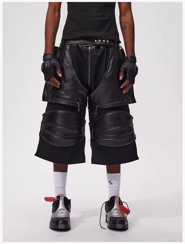 Leather Designer Streetwear Zip Pockets Patchwork PU Leather Shorts Size US 32 / EU 48 - 1 Thumbnail