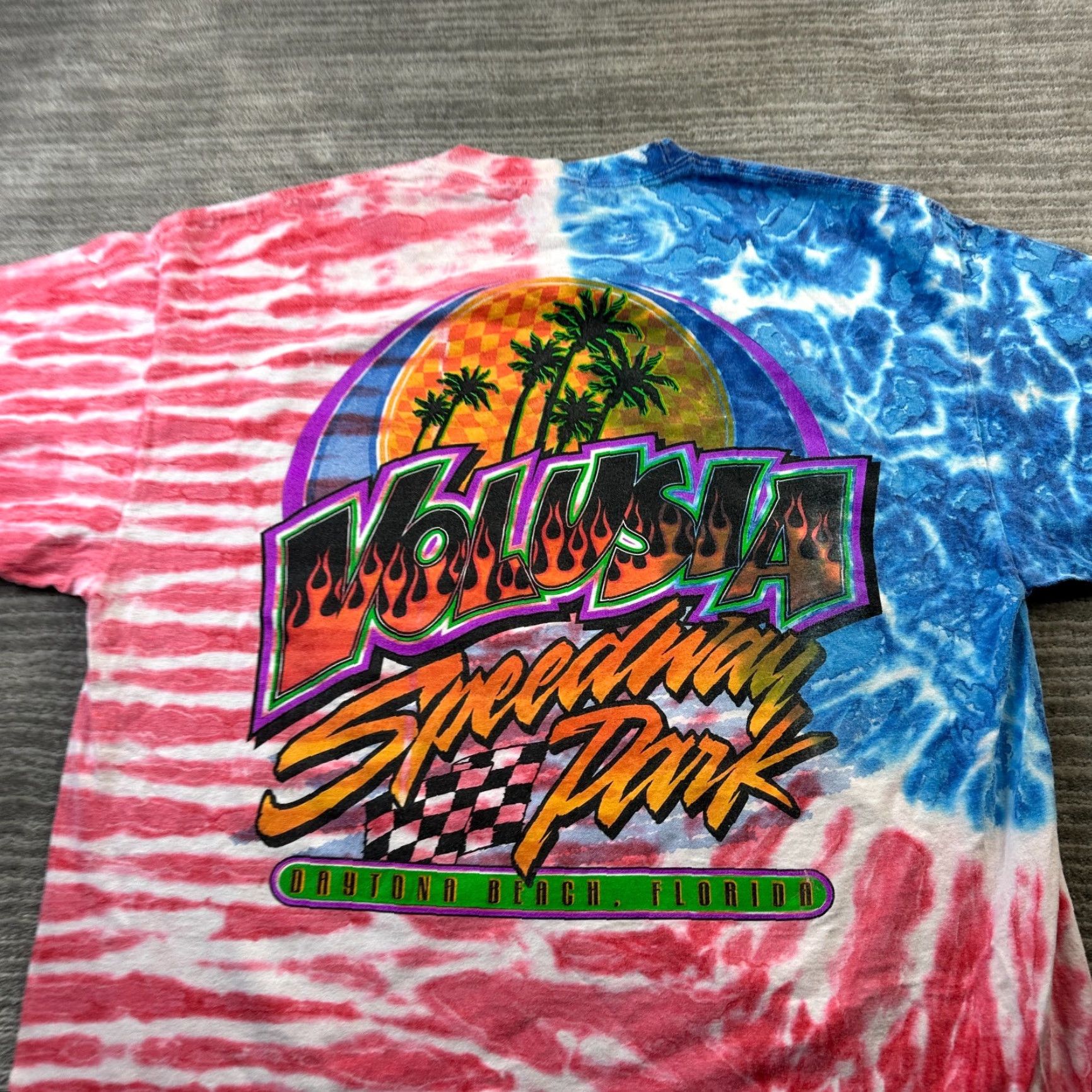 Fruit Of The Loom VINTAGE Fruit of the Loom Racing Shirt Mens XL Orange All Over Print Graphic Tie Dye T-Shirt Cars Grunge 90s Mens Size US XL / EU 56 / 4 - 5 Thumbnail