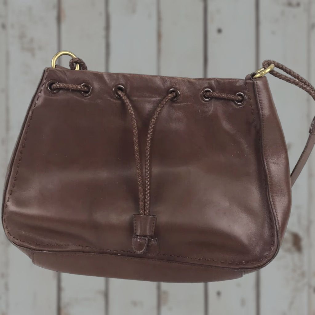 Vintage Etienne Aigner Brown Leather Shoulder Bag Medium With Braided Drawstring, Business Casual Travel, Womens