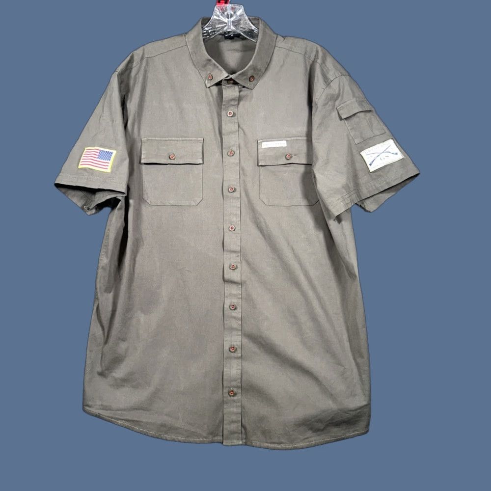 Olive VINTAGE Grunt Style Button-Down Shirt Short Sleeve Mens XL Olive Green Rippped Sleeves Size US XL / EU 56 / 4 - 1 Thumbnail