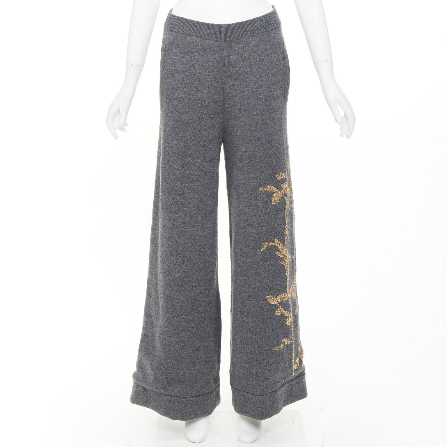 Dries Van Noten DRIES VAN NOTEN 2017 grey merino wool gold metallic floral intarsia wide leg pants S Size 27" / US 4 / IT 40 - 1 Thumbnail