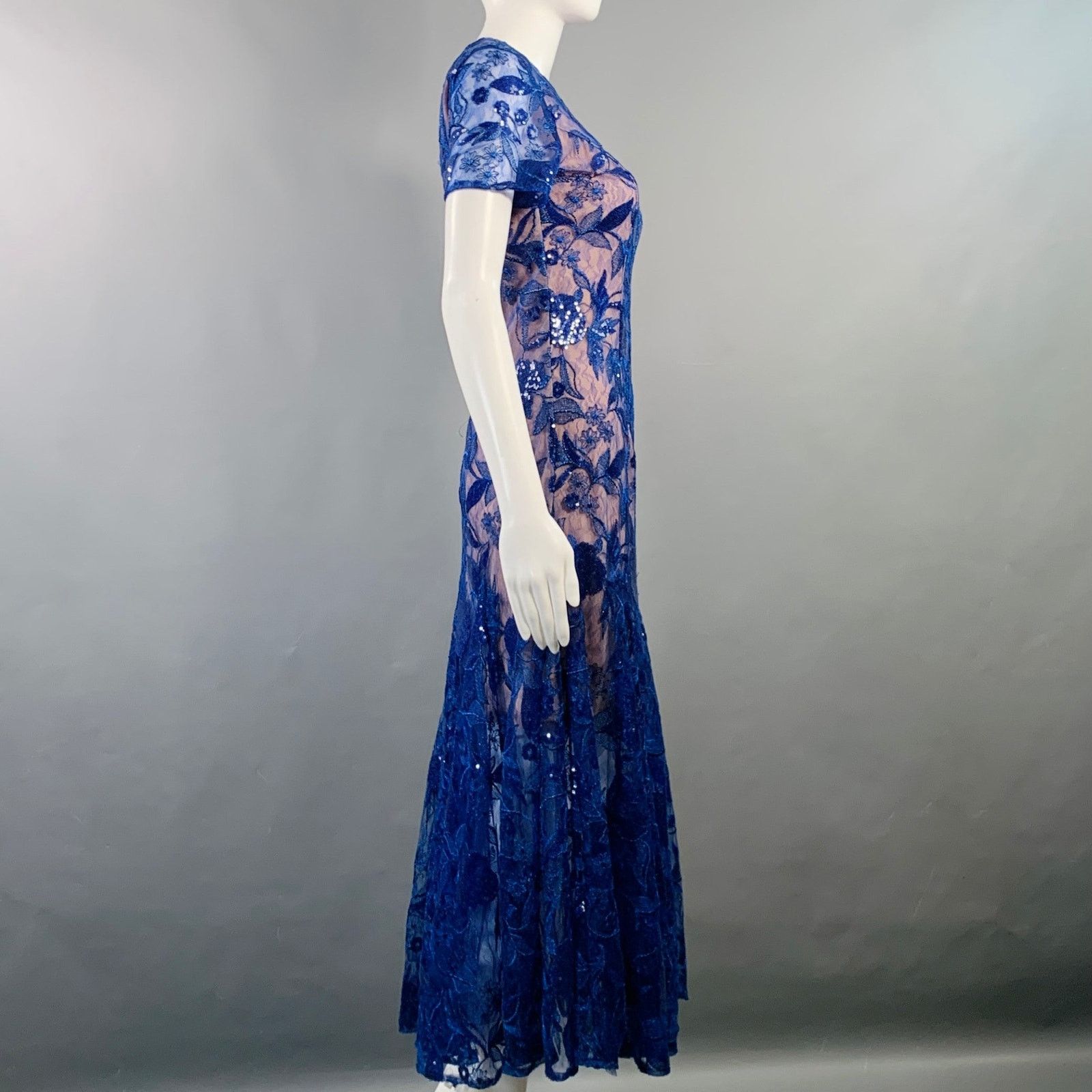 Other COSTARELLOS Blue Nude Lace Short Sleeve Cocktail Dress Size XS / US 0-2 / IT 36-38 - 3 Thumbnail