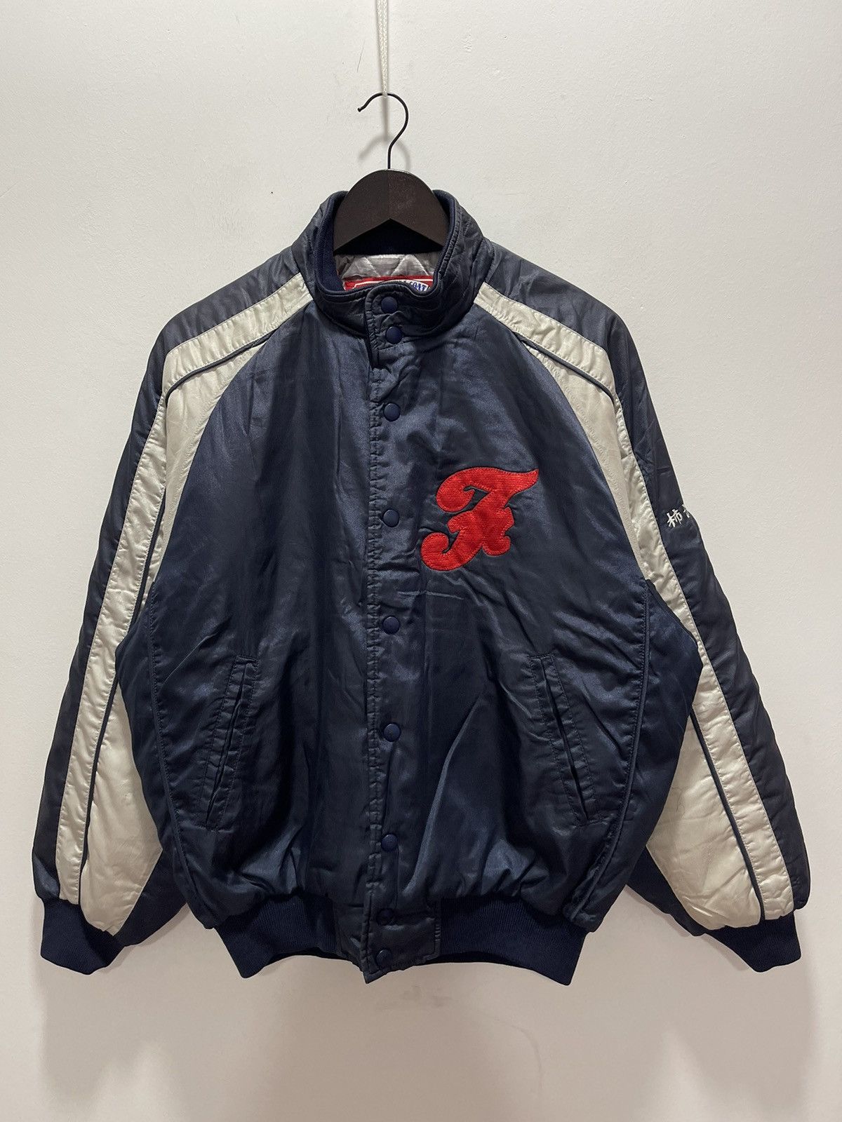 image of Vintage Baseball Coat Rawling Satin Varsity Jacket in Navy, Men's (Size Large)