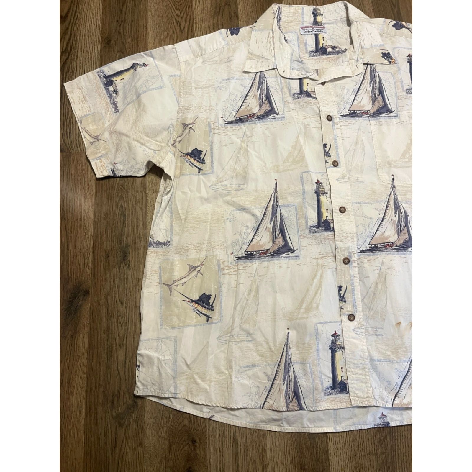 Vintage Boca Classics Shirt Mens 2XL Button-Up White Blue Yellow Sail Boat Light House, Short Sleeve, Collared, Casual, Regular Fit, Blue, Sail Boat, 90s? Size US XXL / EU 58 / 5 - 3 Thumbnail