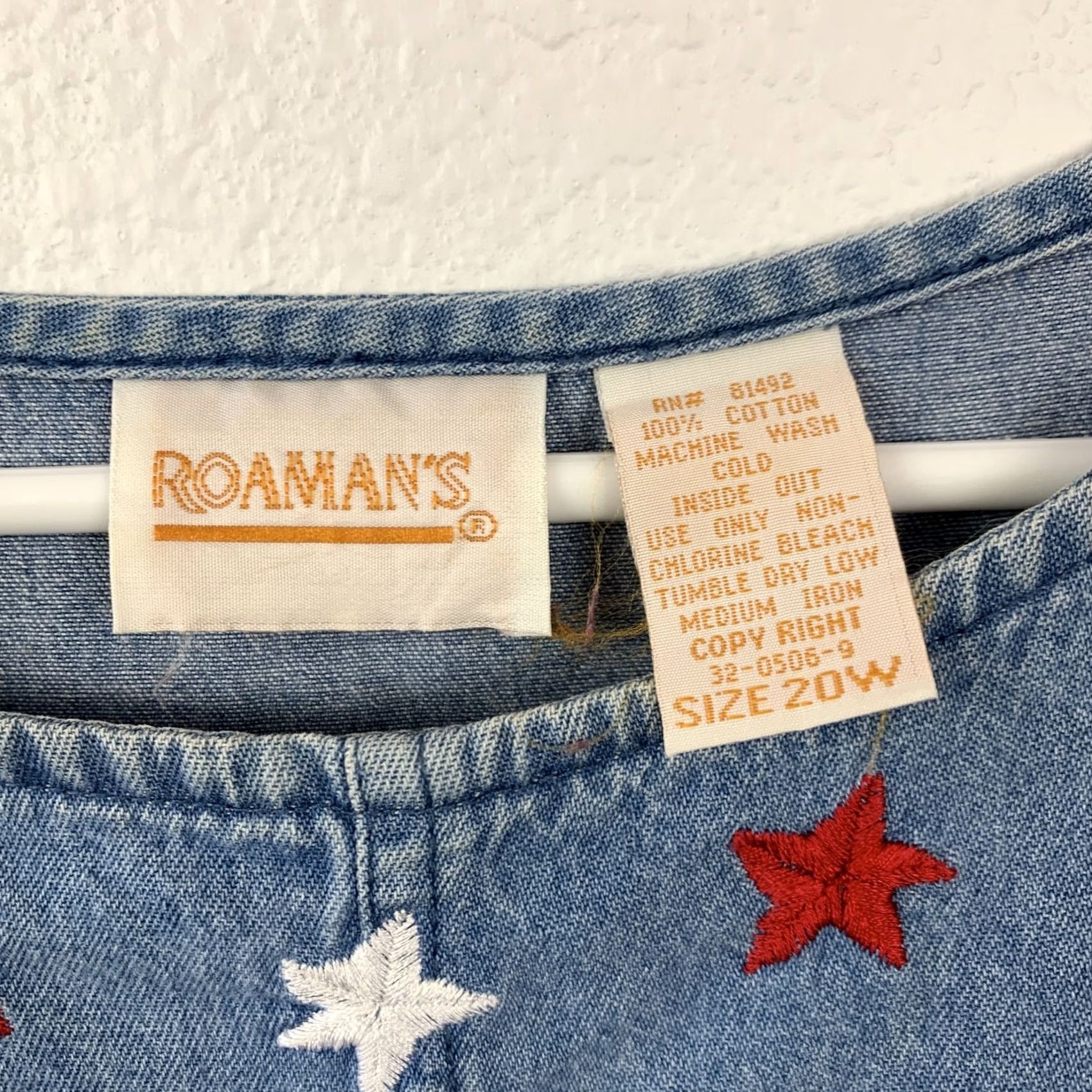 Vintage Roaman's Plus Size 20W Denim Shift Dress American Flag Stars 4th Of July Sequin Embroidered Button Geometric Star USA Patriotic Womens Dress Size 3XL / US 20-22 - 5 Thumbnail
